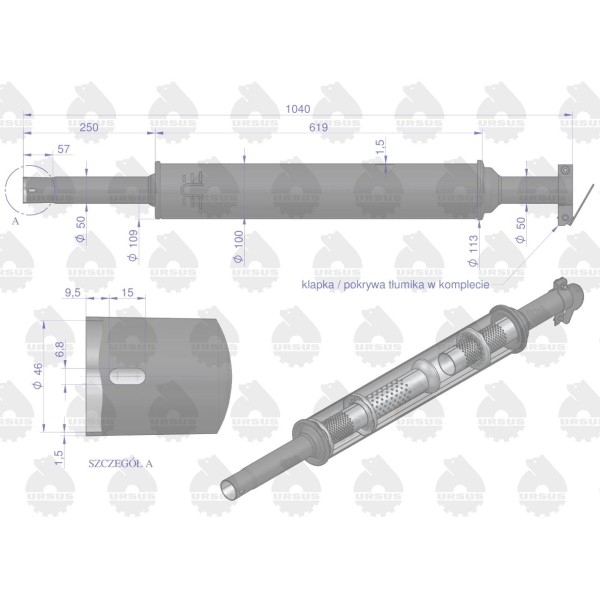 Tłumik okrągły 1040mm 5,3kg C-360 42/10-207/0 | Exvi
