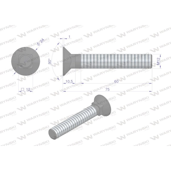 Śruba kpl. płużna podsadzana D 608 M12x75 608101275 | Exvi
