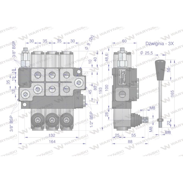 Rozdzielacz hydrauliczny 3-sekcyjny max ROZ40L/3X1N | Exvi
