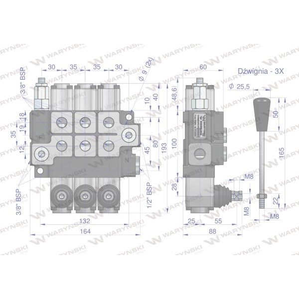 Rozdzielacz hydrauliczny 3-sekcyjny max ROZ40L/3X1Z | Exvi