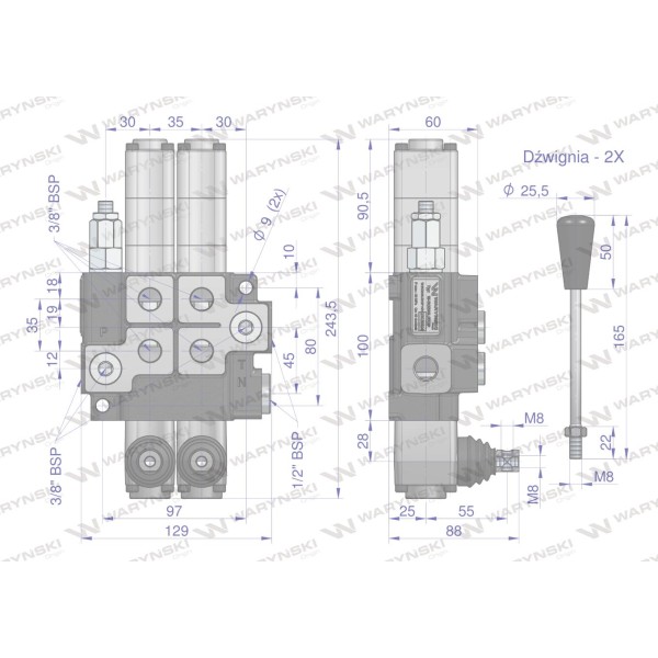 Rozdzielacz hydrauliczny 2-sekcyjny max ROZ40L/2X2P | Exvi