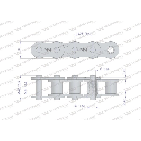 Łańcuch rolkowy 12A-1 ANSI A 60 (R1 3/4) L12A1-20M | Exvi