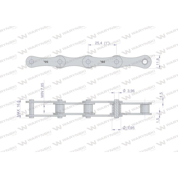 Łańcuch rolkowy 2040 208A (R1 1) 5 m Waryński L208A | Exvi