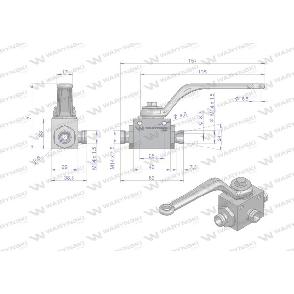 Zawór kulowy hydrauliczny 3-drogowy WKH3-08L-M14X1.5 | Exvi