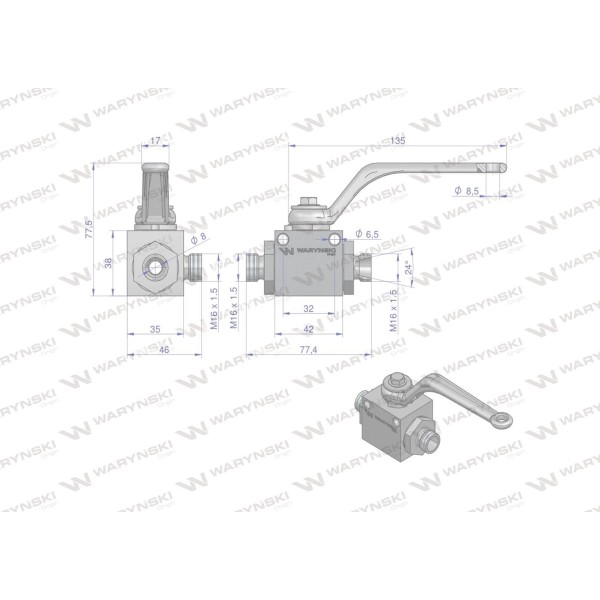 Zawór kulowy hydrauliczny 3-drogowy WKH3-10L-M16X1.5 | Exvi