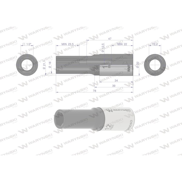 Nasadka sześciokątna 1/2". 12 mm. długa. WMN040 | Exvi